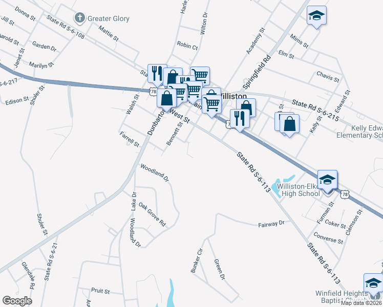 map of restaurants, bars, coffee shops, grocery stores, and more near 4625 West Street in Williston