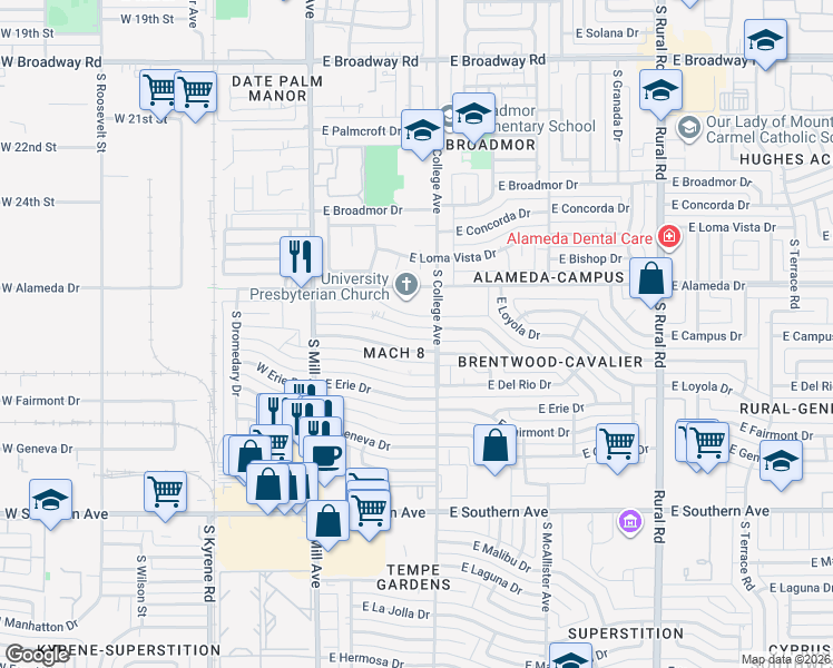 map of restaurants, bars, coffee shops, grocery stores, and more near 226 East Balboa Drive in Tempe