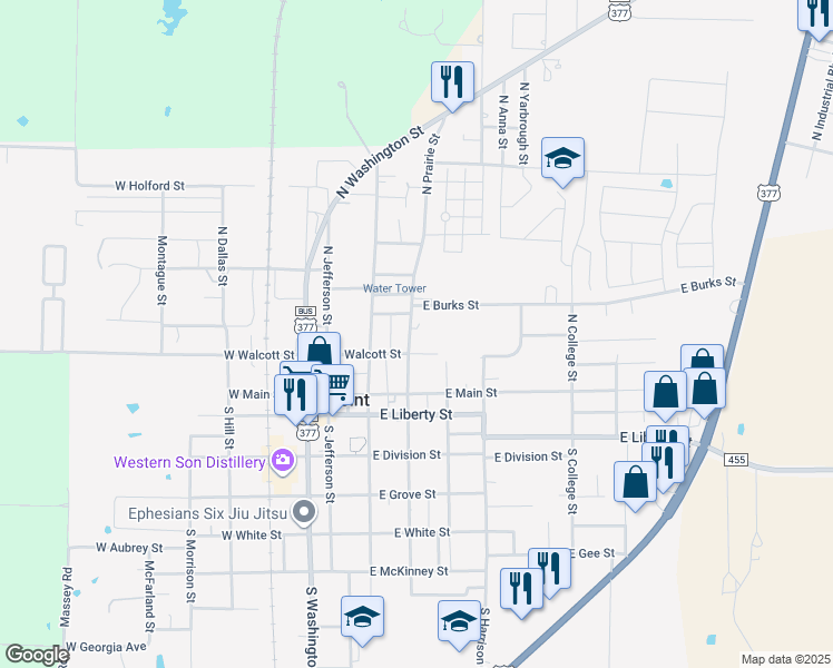map of restaurants, bars, coffee shops, grocery stores, and more near 229 North Prairie Street in Pilot Point