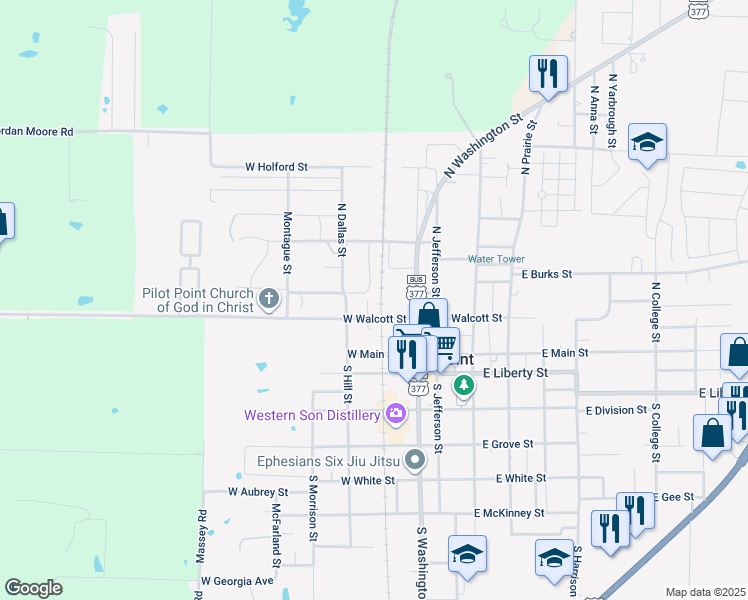 map of restaurants, bars, coffee shops, grocery stores, and more near 207 North Winchester Way in Pilot Point