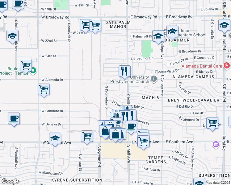 map of restaurants, bars, coffee shops, grocery stores, and more near 121 West Balboa Drive in Tempe