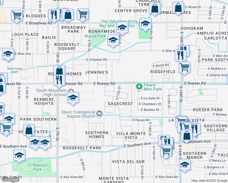 map of restaurants, bars, coffee shops, grocery stores, and more near 1103 East Grove Road in Phoenix