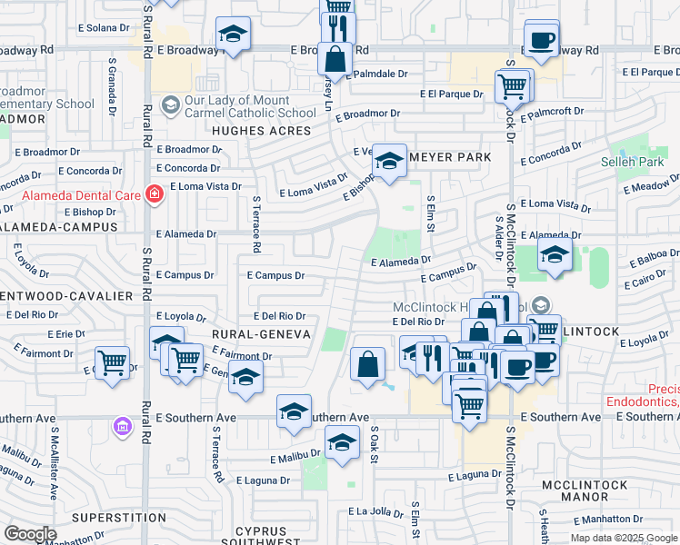map of restaurants, bars, coffee shops, grocery stores, and more near 1297 East Alameda Circle in Tempe