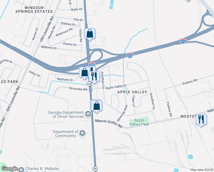 map of restaurants, bars, coffee shops, grocery stores, and more near 3318 Jonathan Circle in Augusta