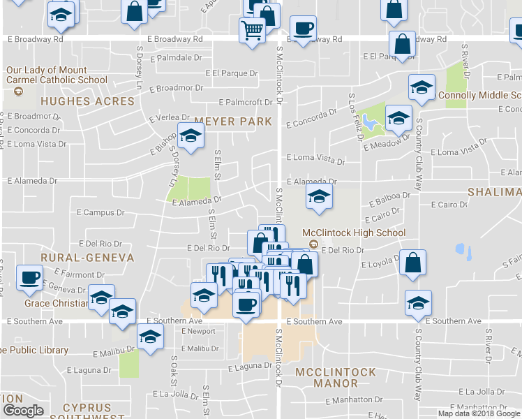 map of restaurants, bars, coffee shops, grocery stores, and more near 1724 East Campus Drive in Tempe