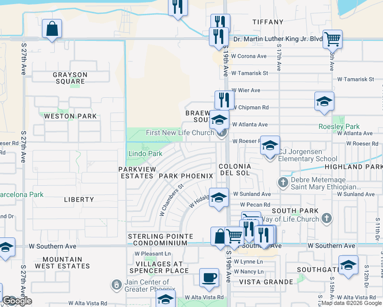 map of restaurants, bars, coffee shops, grocery stores, and more near 2053 West Roeser Road in Phoenix