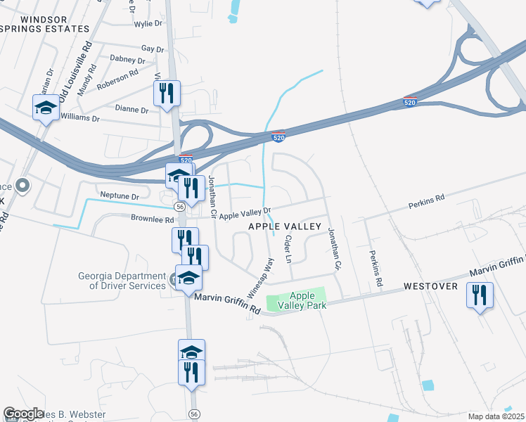 map of restaurants, bars, coffee shops, grocery stores, and more near 1700 Apple Valley Drive in Augusta