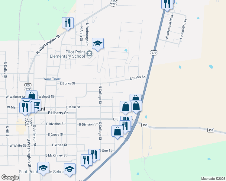 map of restaurants, bars, coffee shops, grocery stores, and more near 639 East Burks Street in Pilot Point