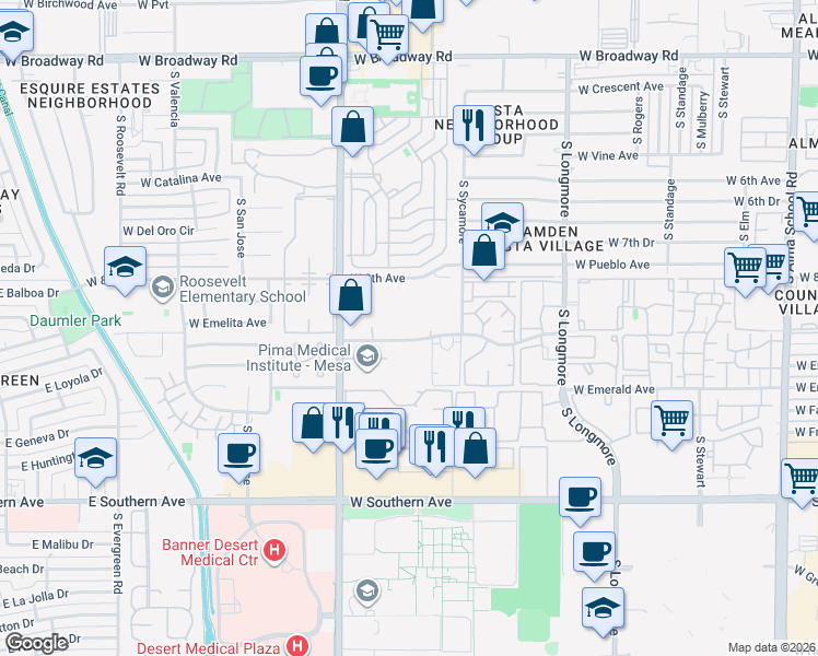 map of restaurants, bars, coffee shops, grocery stores, and more near 1840 West Emelita Avenue in Mesa