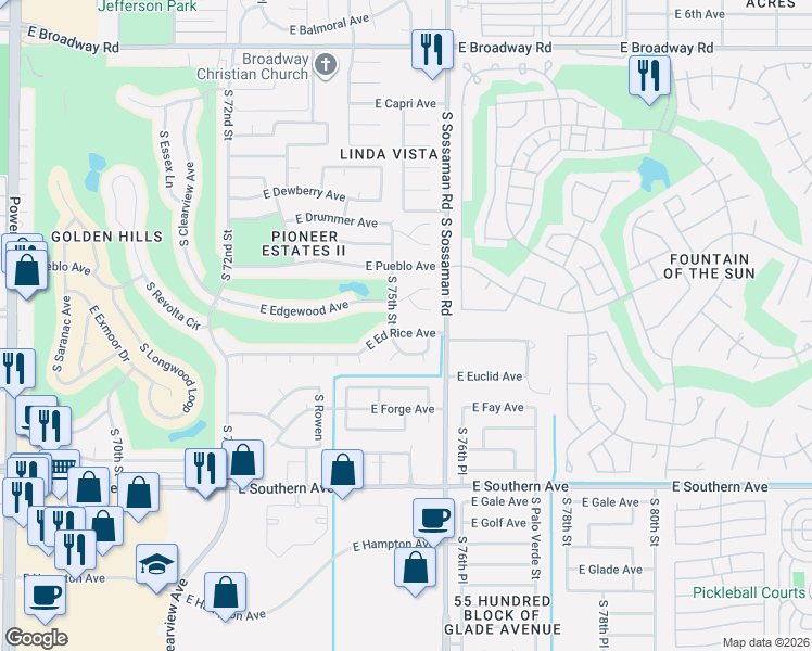 map of restaurants, bars, coffee shops, grocery stores, and more near 7527 South 75th Place in Mesa