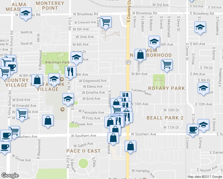 map of restaurants, bars, coffee shops, grocery stores, and more near 523 West Elena Avenue in Mesa