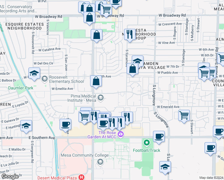 map of restaurants, bars, coffee shops, grocery stores, and more near 1840 West Emelita Avenue in Mesa