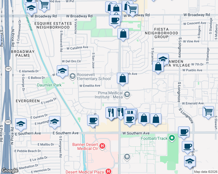 map of restaurants, bars, coffee shops, grocery stores, and more near 830 South Dobson Road in Mesa