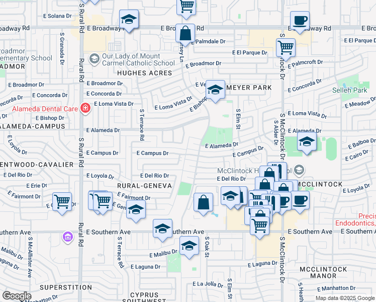 map of restaurants, bars, coffee shops, grocery stores, and more near 1297 East Alameda Circle in Tempe
