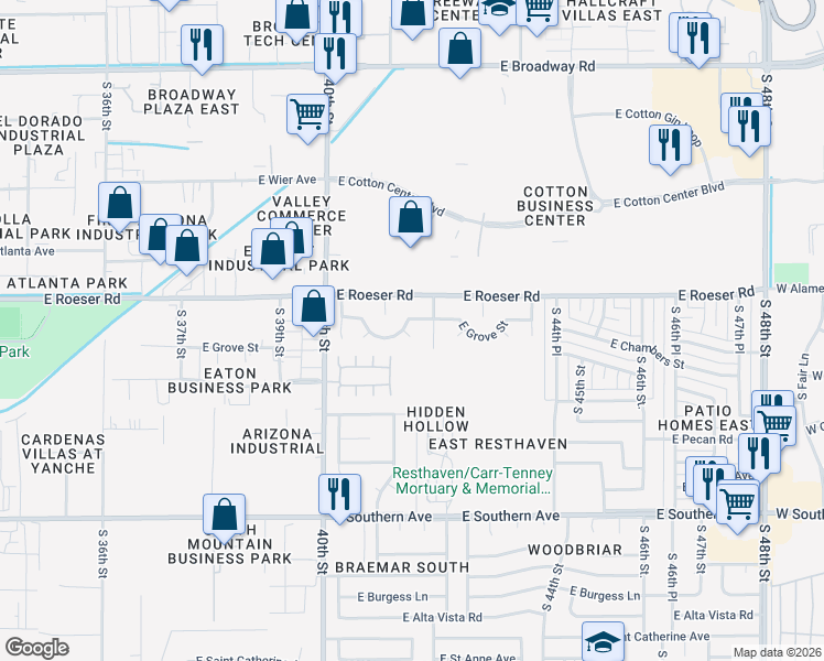 map of restaurants, bars, coffee shops, grocery stores, and more near 4221 East Grove Street in Phoenix