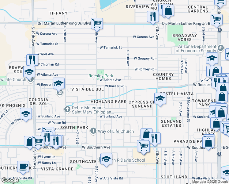 map of restaurants, bars, coffee shops, grocery stores, and more near 5206 South 12th Avenue in Phoenix