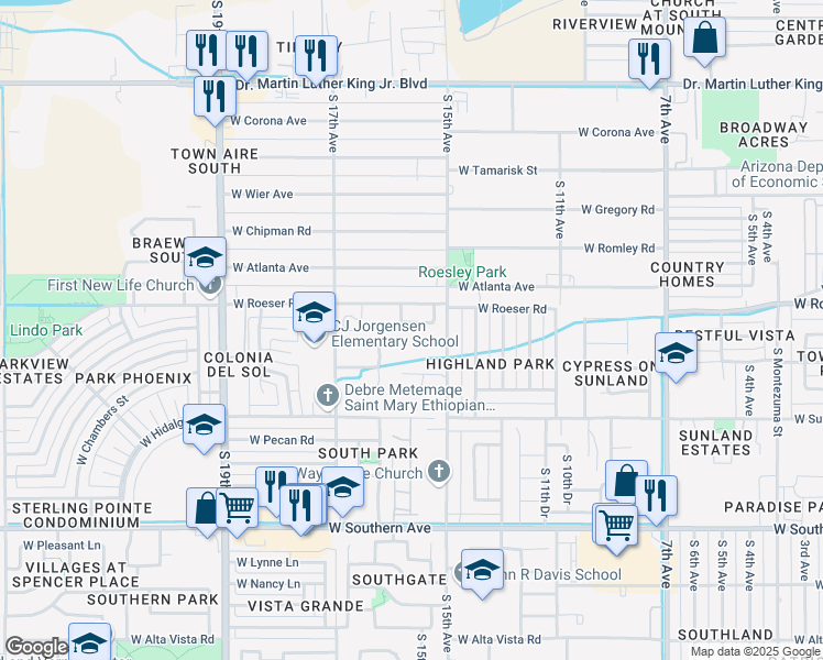 map of restaurants, bars, coffee shops, grocery stores, and more near 1526 West Grove Street in Phoenix