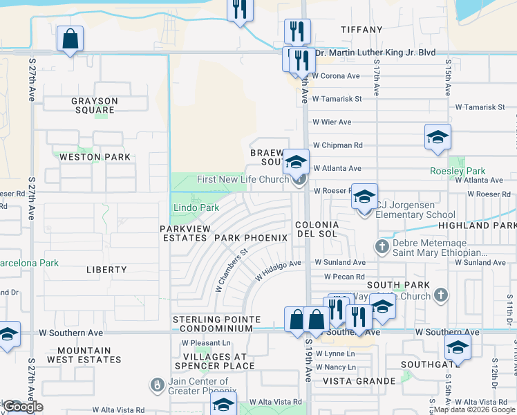 map of restaurants, bars, coffee shops, grocery stores, and more near 2053 West Roeser Road in Phoenix