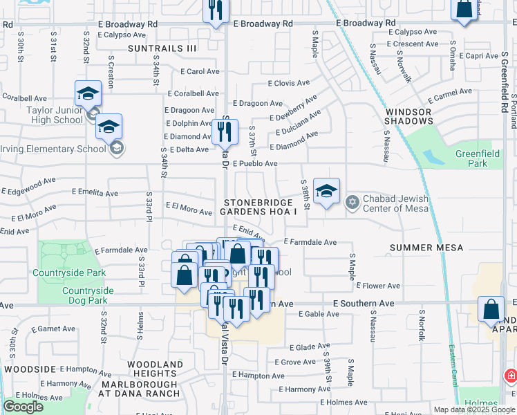 map of restaurants, bars, coffee shops, grocery stores, and more near 921 South Val Vista Drive in Mesa