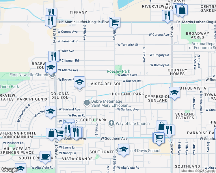map of restaurants, bars, coffee shops, grocery stores, and more near 1517 West Grove Street in Phoenix