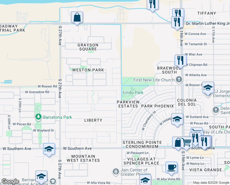 map of restaurants, bars, coffee shops, grocery stores, and more near 5243 South 23rd Avenue in Phoenix