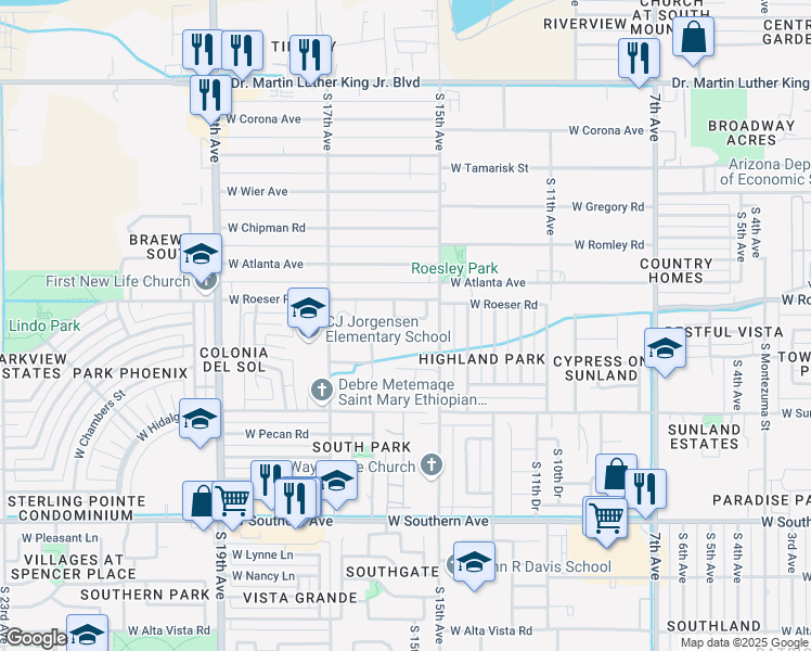 map of restaurants, bars, coffee shops, grocery stores, and more near 1525 West Grove Street in Phoenix