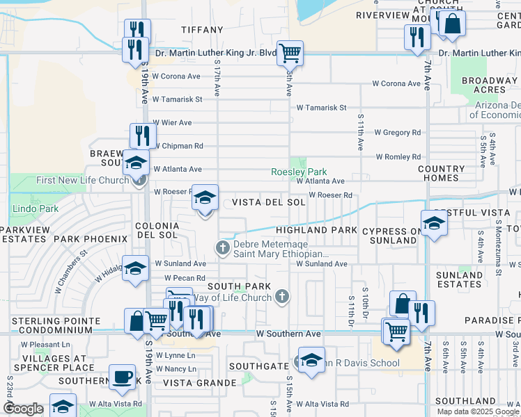 map of restaurants, bars, coffee shops, grocery stores, and more near 1533 West Grove Street in Phoenix