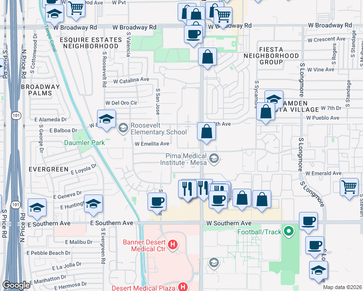 map of restaurants, bars, coffee shops, grocery stores, and more near 830 South Dobson Road in Mesa