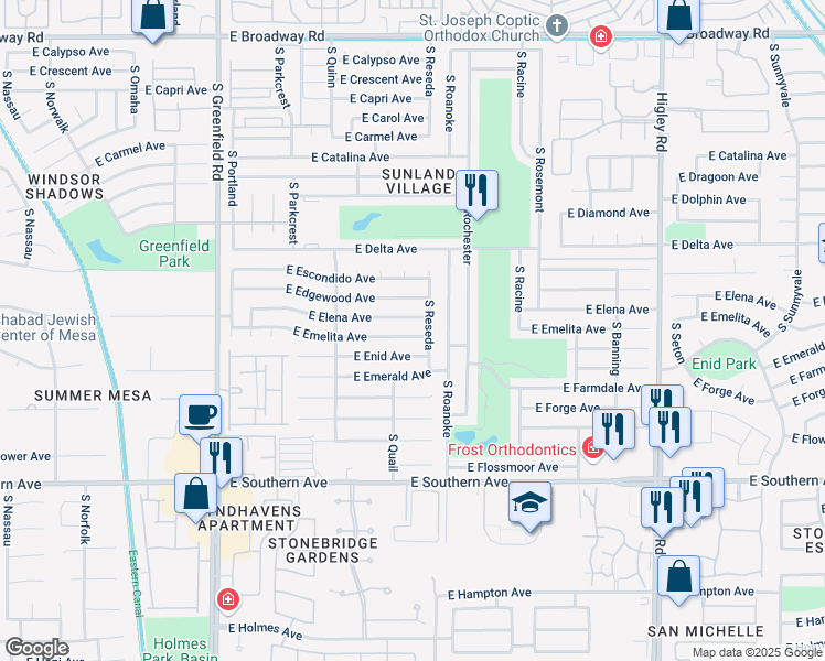 map of restaurants, bars, coffee shops, grocery stores, and more near 4735 East Elena Avenue in Mesa