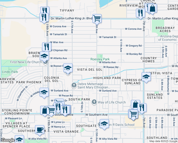 map of restaurants, bars, coffee shops, grocery stores, and more near 1525 West Grove Street in Phoenix