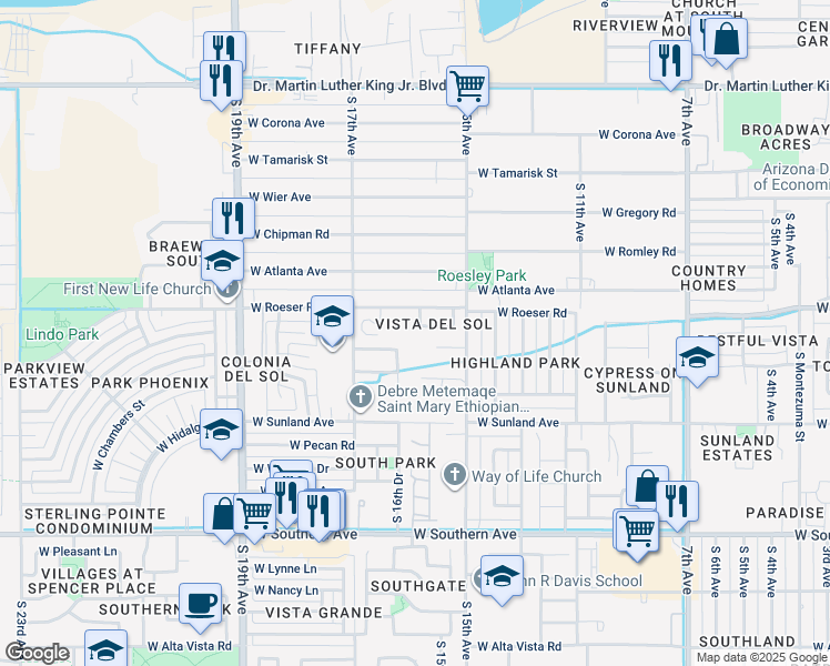 map of restaurants, bars, coffee shops, grocery stores, and more near 1537 West Grove Street in Phoenix