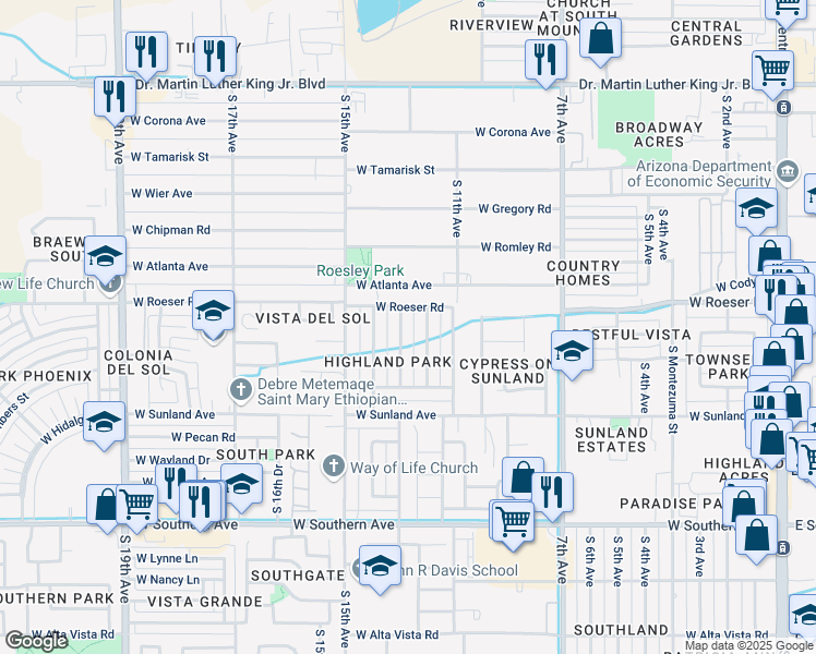 map of restaurants, bars, coffee shops, grocery stores, and more near 5206 South 12th Avenue in Phoenix