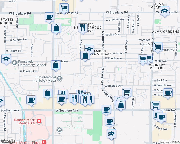 map of restaurants, bars, coffee shops, grocery stores, and more near 1730 West Emelita Avenue in Mesa