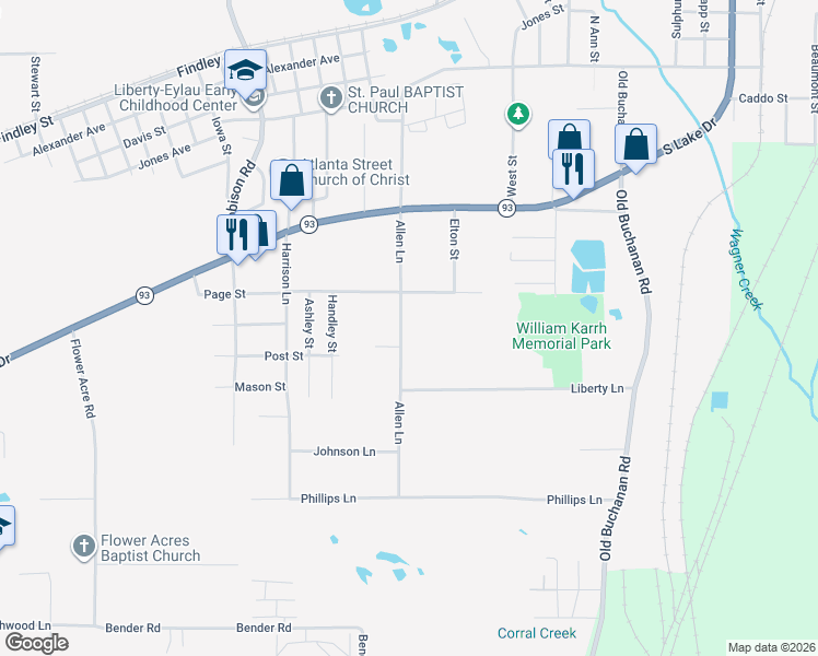 map of restaurants, bars, coffee shops, grocery stores, and more near 2015 Allen Lane in Texarkana