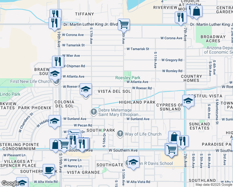 map of restaurants, bars, coffee shops, grocery stores, and more near 1517 West Grove Street in Phoenix