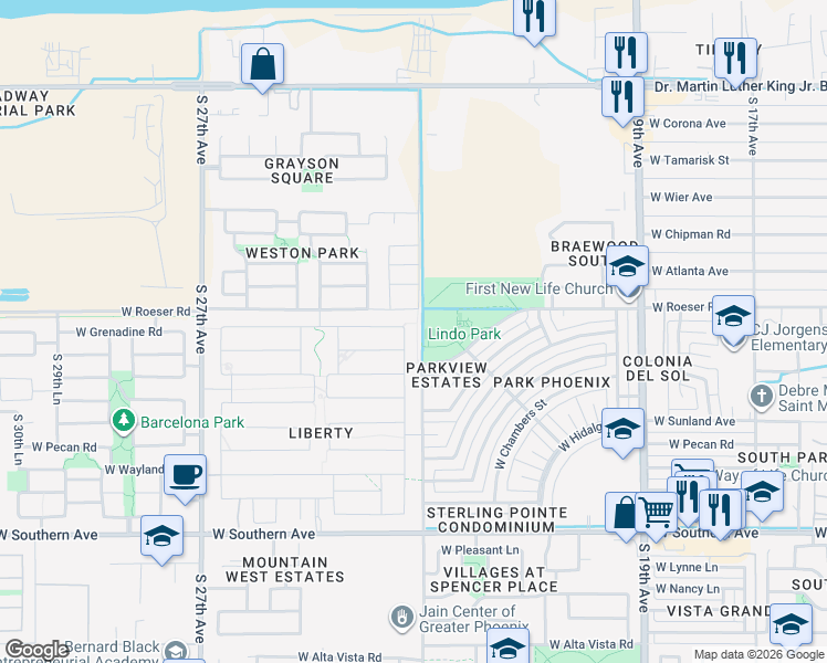 map of restaurants, bars, coffee shops, grocery stores, and more near 5243 South 23rd Avenue in Phoenix