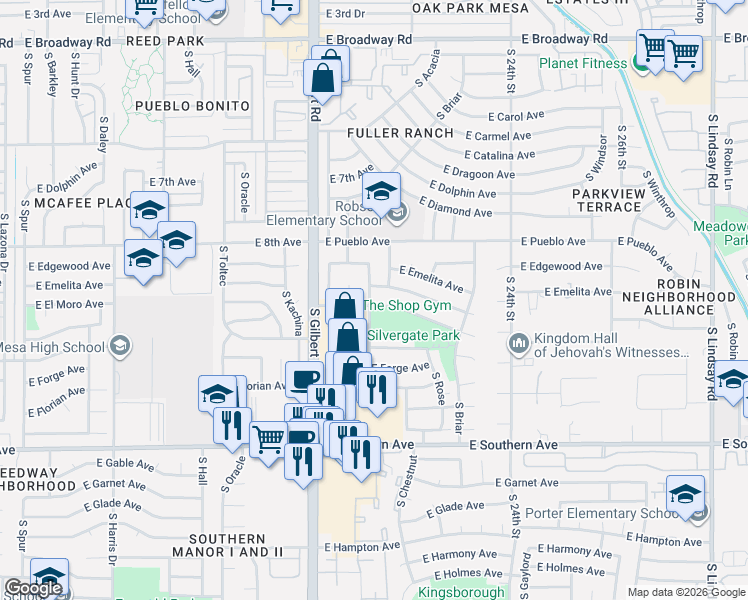 map of restaurants, bars, coffee shops, grocery stores, and more near 914 South 21st Street in Mesa