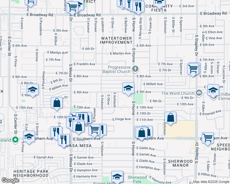 map of restaurants, bars, coffee shops, grocery stores, and more near East 9th Avenue in Mesa