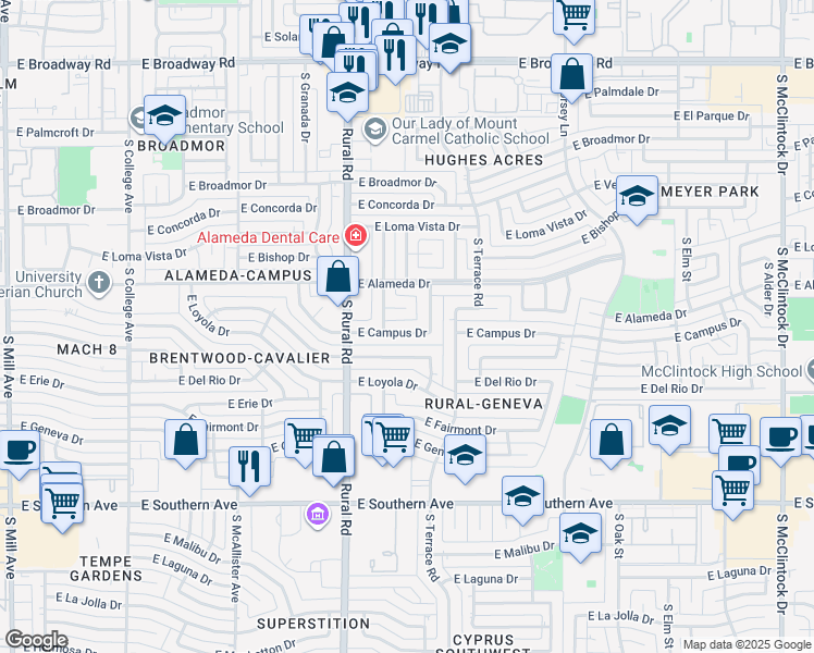 map of restaurants, bars, coffee shops, grocery stores, and more near 1021 East Balboa Circle in Tempe