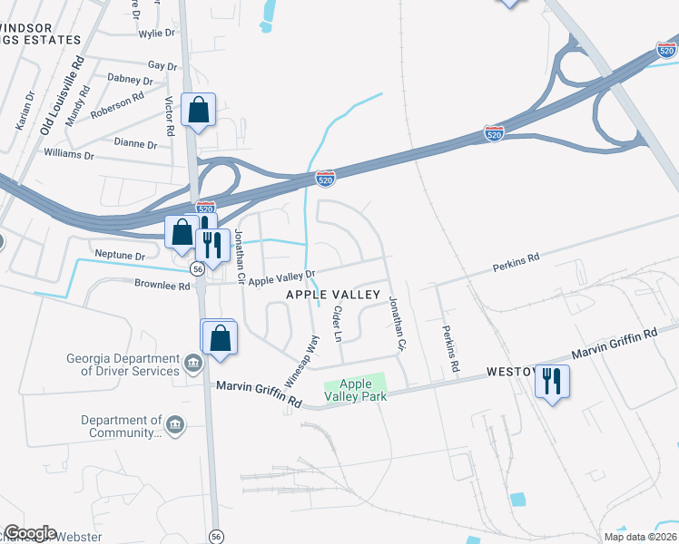 map of restaurants, bars, coffee shops, grocery stores, and more near 1618 Apple Valley Drive in Augusta