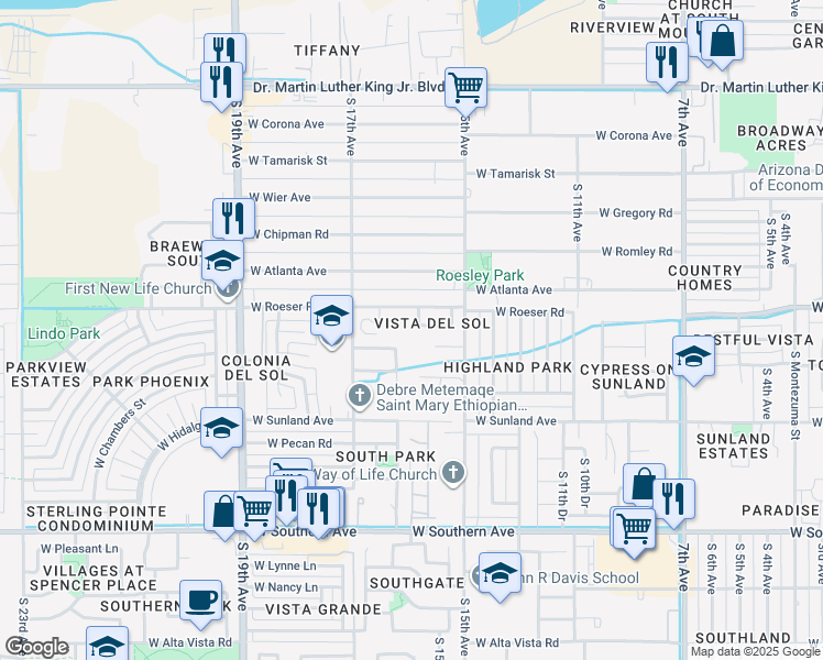 map of restaurants, bars, coffee shops, grocery stores, and more near 1537 West Grove Street in Phoenix