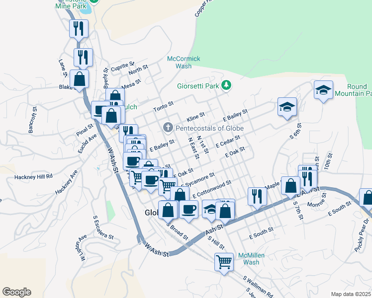 map of restaurants, bars, coffee shops, grocery stores, and more near 539 East Mesquite Street in Globe