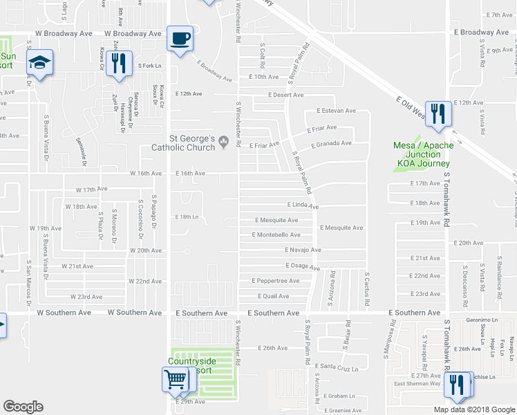 map of restaurants, bars, coffee shops, grocery stores, and more near 530 East Linda Avenue in Apache Junction
