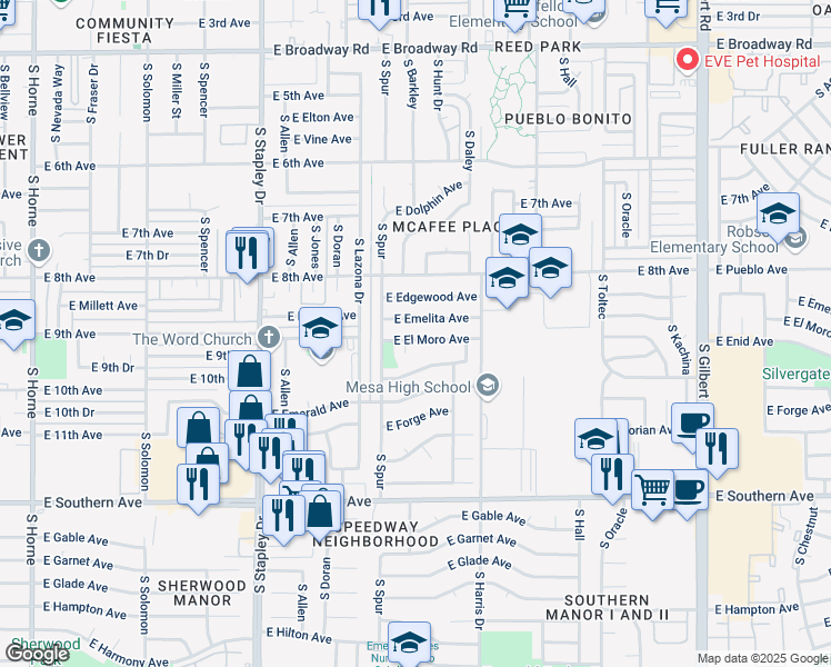 map of restaurants, bars, coffee shops, grocery stores, and more near 1455 East Emelita Avenue in Mesa