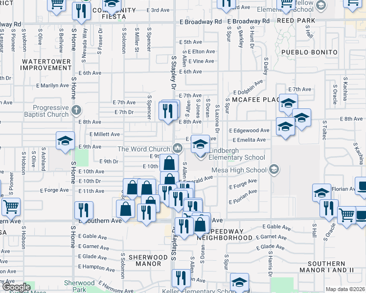 map of restaurants, bars, coffee shops, grocery stores, and more near 1241 East Millett Avenue in Mesa