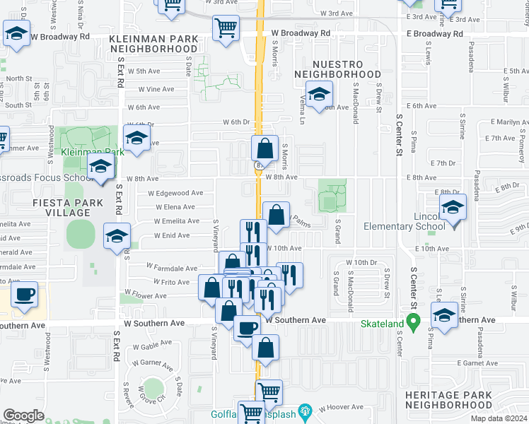 map of restaurants, bars, coffee shops, grocery stores, and more near 901 Arizona 87 in Mesa
