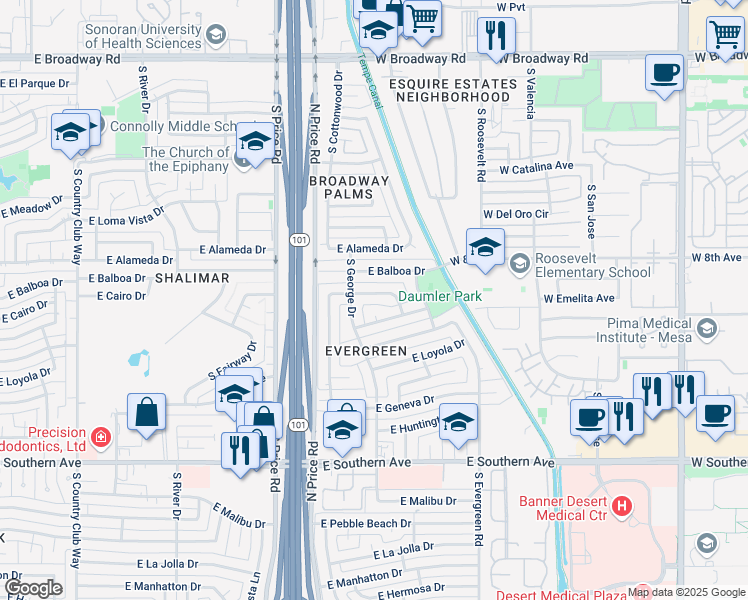 map of restaurants, bars, coffee shops, grocery stores, and more near 2415 East Cairo Drive in Tempe