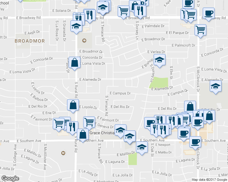 map of restaurants, bars, coffee shops, grocery stores, and more near in Tempe