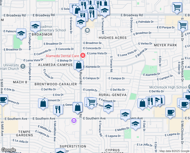 map of restaurants, bars, coffee shops, grocery stores, and more near 1021 East Balboa Circle in Tempe