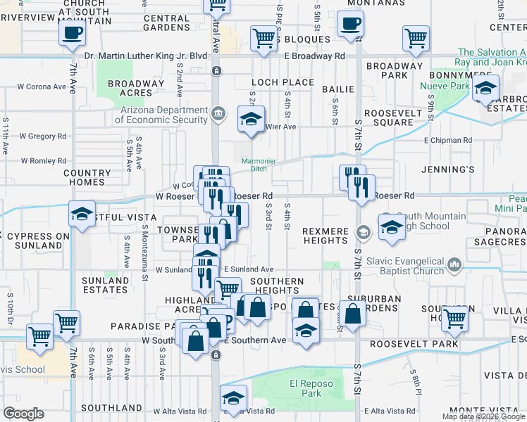 map of restaurants, bars, coffee shops, grocery stores, and more near 5211 South 2nd Street in Phoenix